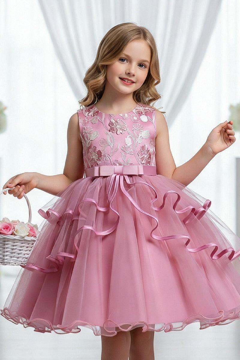 A-Line Round Neck Sleeveless Ruffled Tulle Knee Length Flower Girl Dresses 1029768342439 - 7 Days / Dusty Rose / 100cm - COCOMELODY